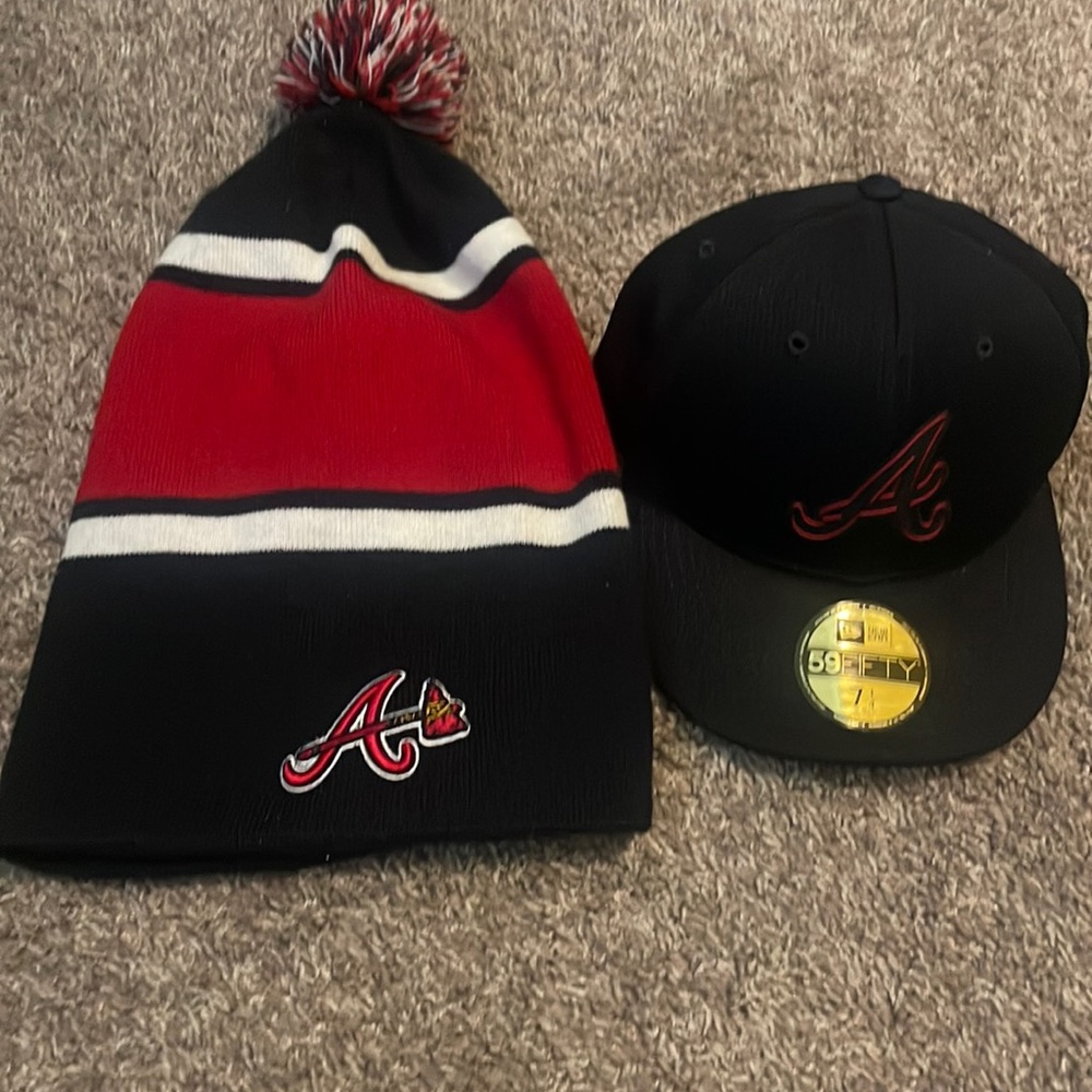 Braves beanie and baseball cap